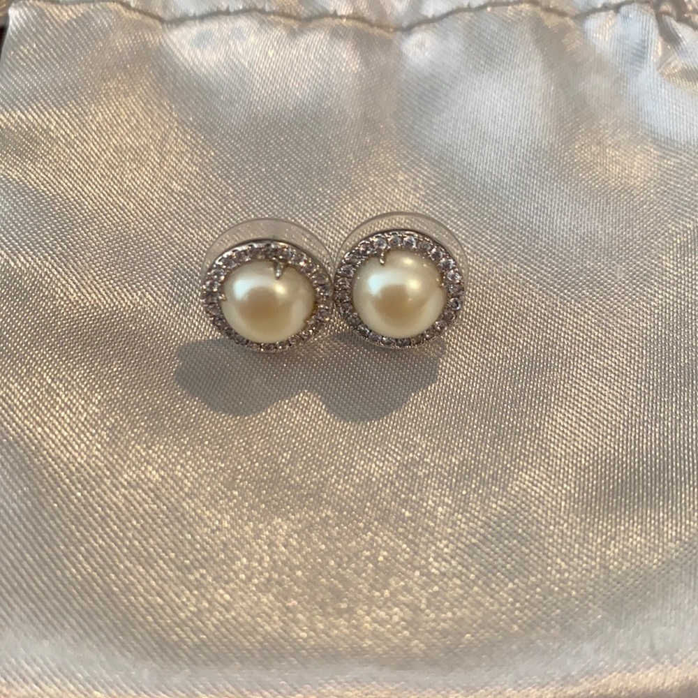 Pearl stud earrings with pave halo